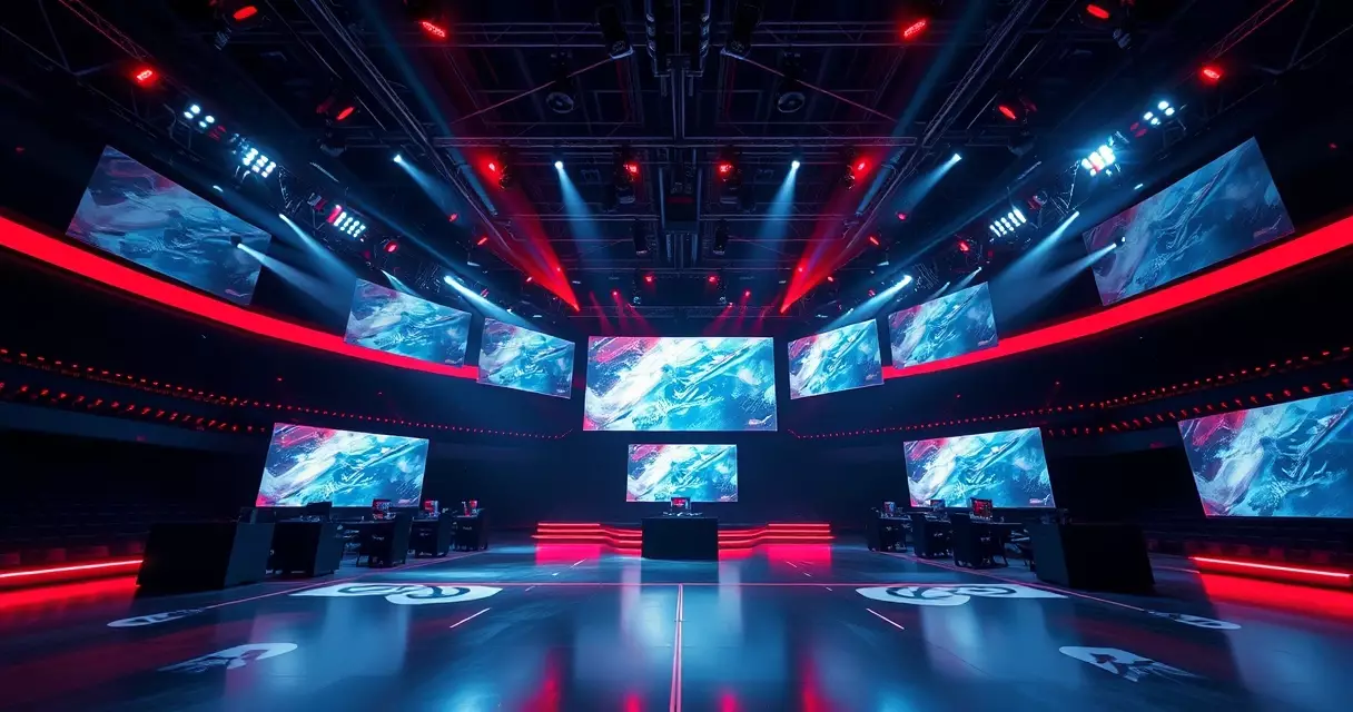 Brightly lit esports arena stage with player booths and large display screens
