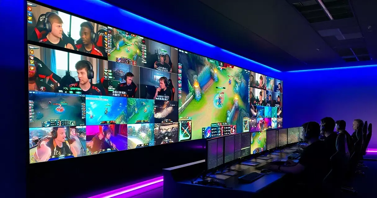 Esports streaming production control room with multiple live tournament feeds on screens