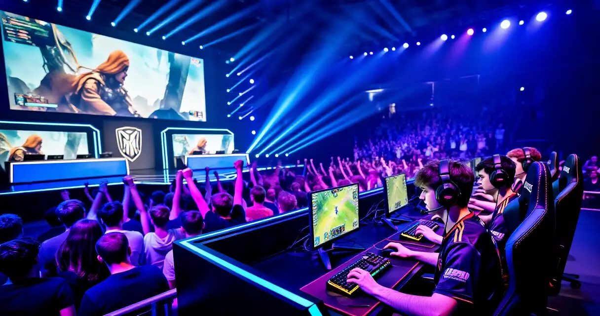 Professional esports arena with live audience and competitive gaming stage lighting