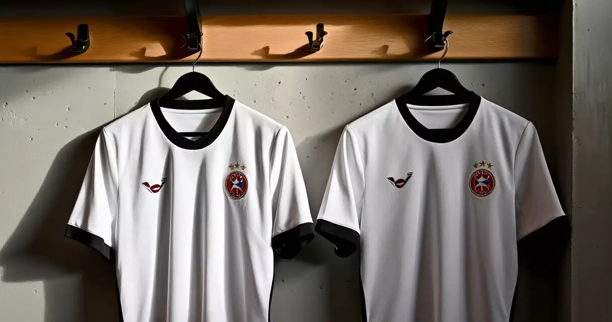 Two football kits hanging in a stadium dressing room, representing a sponsorship transition