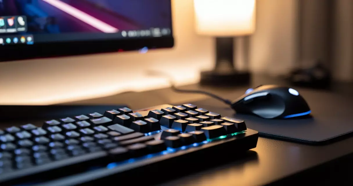 Mechanical keyboard and gaming mouse on a competitive gaming desk