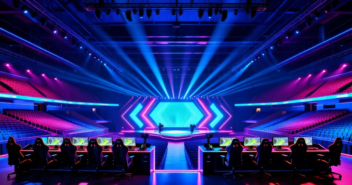 Inside a modern esports arena with LED stage and spectator seating