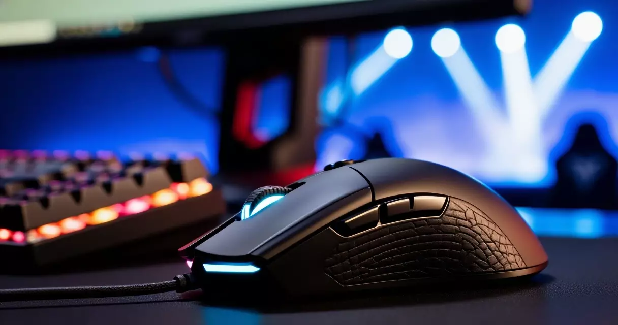 Gaming mouse and keyboard lit on an esports tournament stage desk