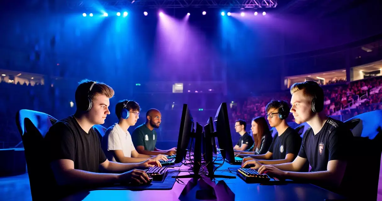 Esports competitors at gaming stations in a competitive arena, 2022 reporting context