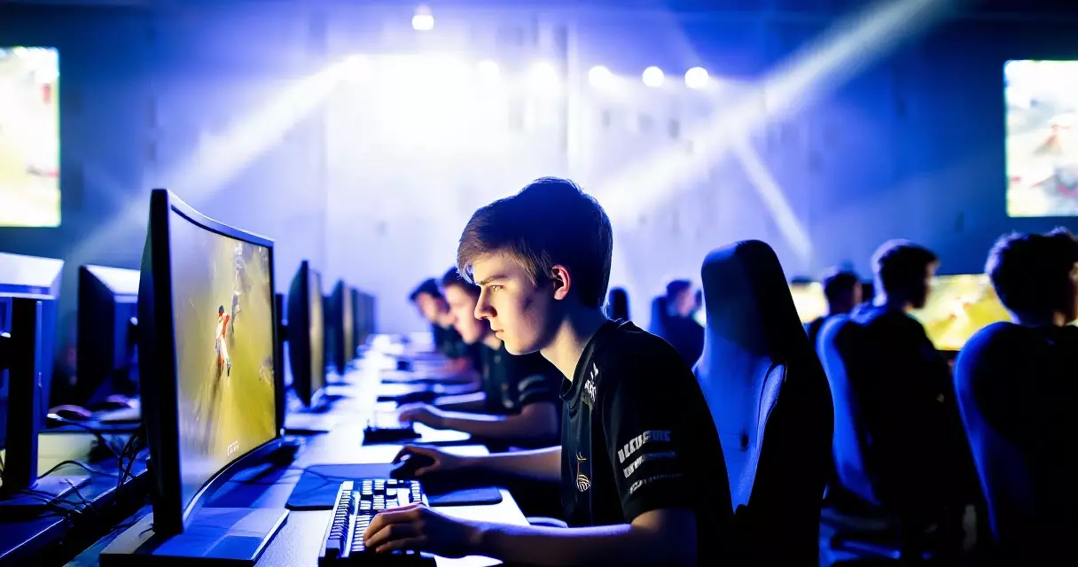 Esports player competing at a LAN tournament arena with stage lighting
