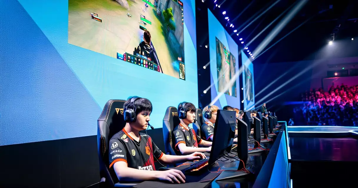 Esports tournament stage with players competing at HyperX Arena Las Vegas style venue