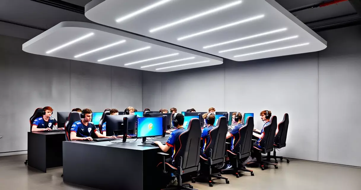 Professional esports team at gaming facility with matching jerseys and monitors