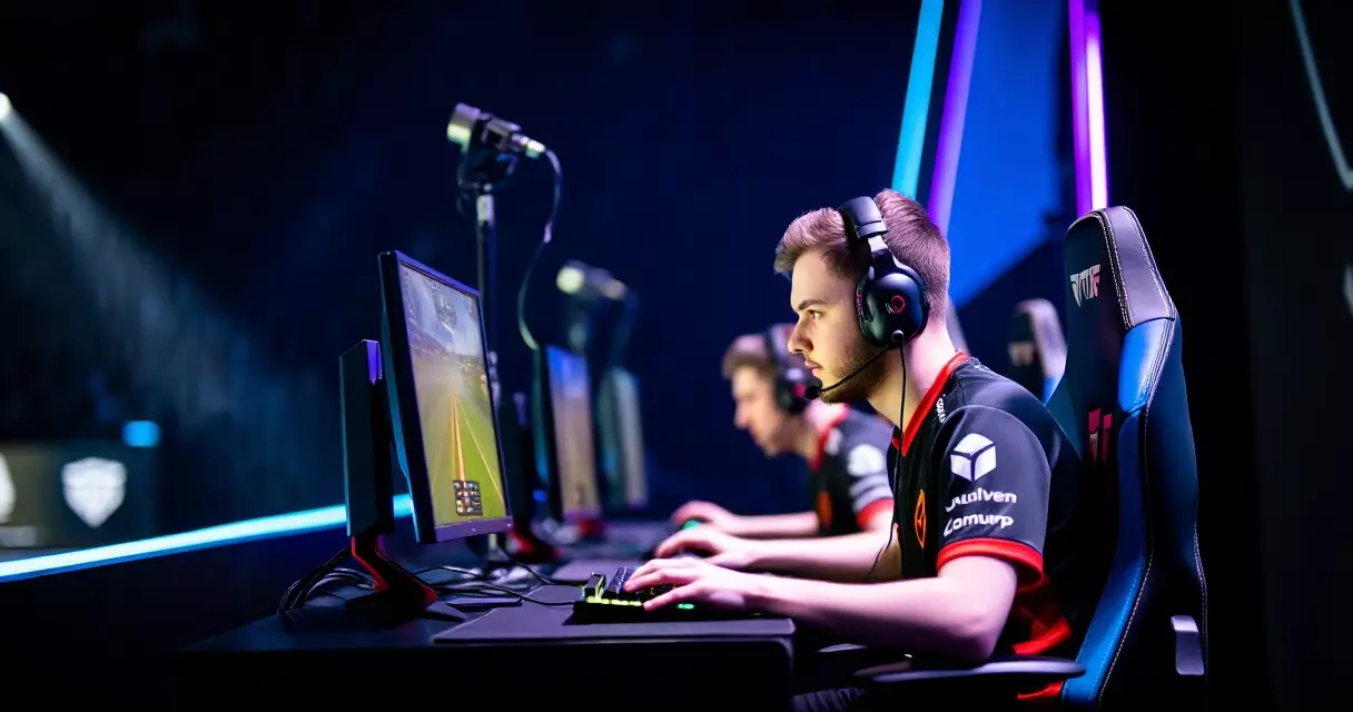 Professional esports player competing at a tournament in a lit arena