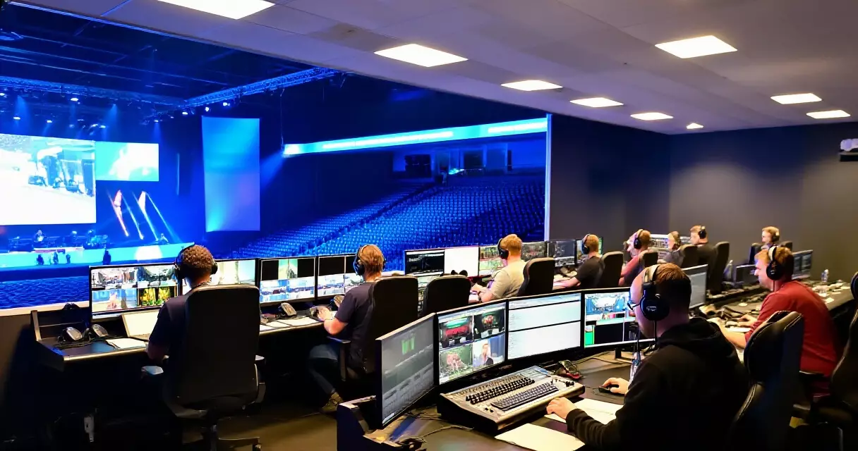 Esports venue broadcast production control room with monitors and production crew
