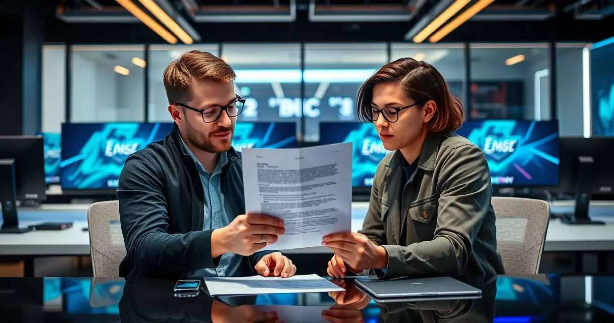 Player and manager reviewing an esports contract at a team office desk