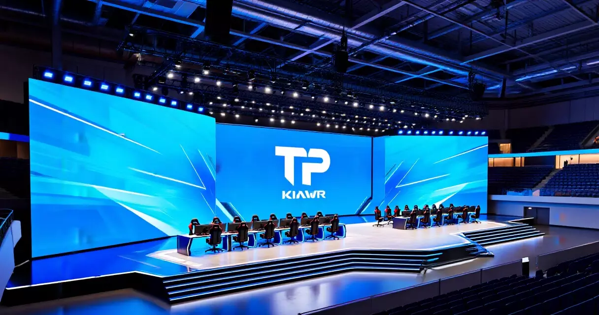 Esports stage with LED walls and gaming PCs inside a large indoor arena