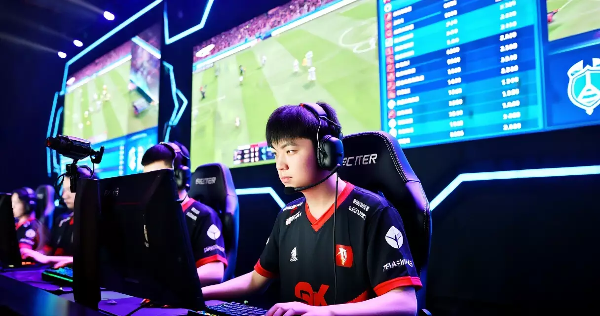 Esports players at a professional tournament stage with live match statistics displayed on large screens