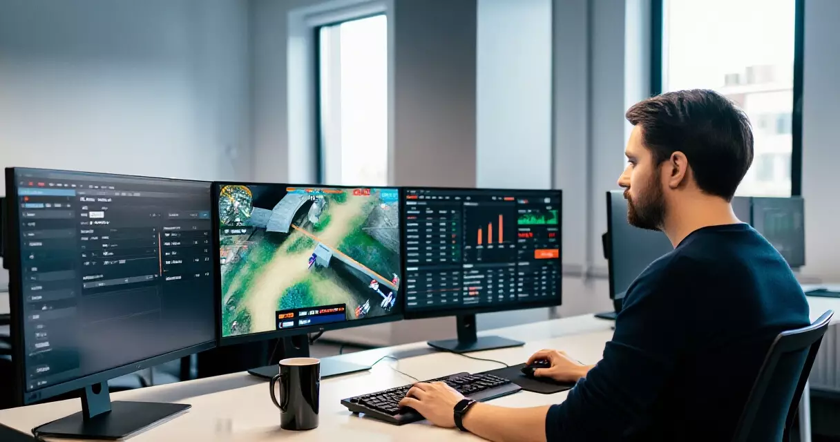 Esports sponsorship analyst reviewing brand analytics dashboards at a multi-screen workstation