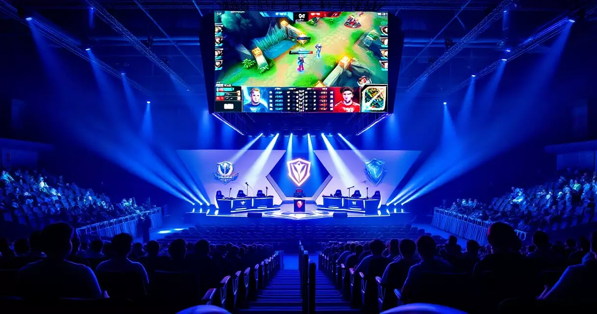 Esports arena crowd at a major tournament with blue stage lighting