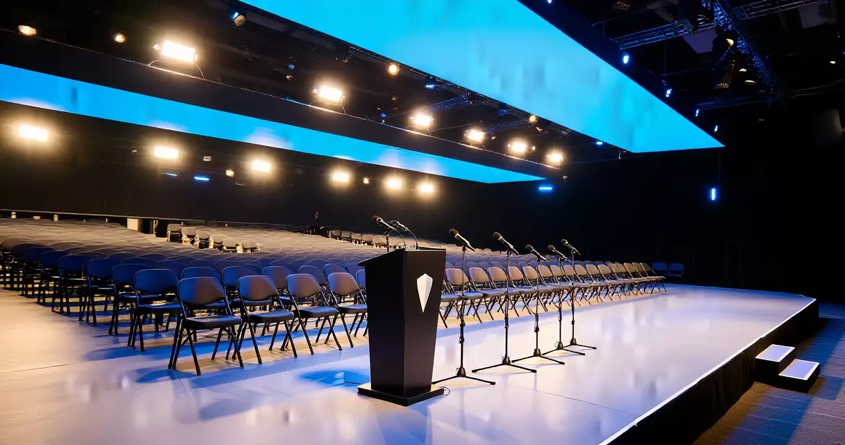 Press conference setup inside a modern esports arena with podium and stage lighting