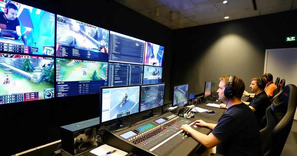 Esports broadcast control room with vision mixing desk and multiple game feed monitors