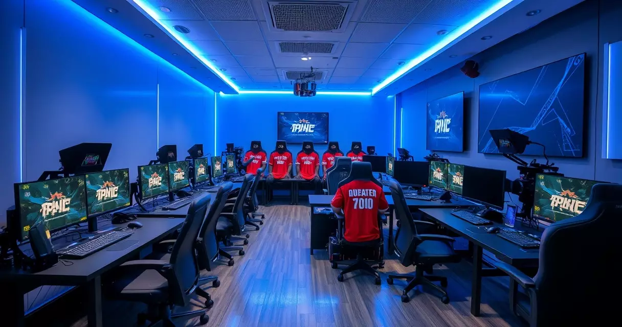 Esports team training facility with branded gaming stations and broadcast gear