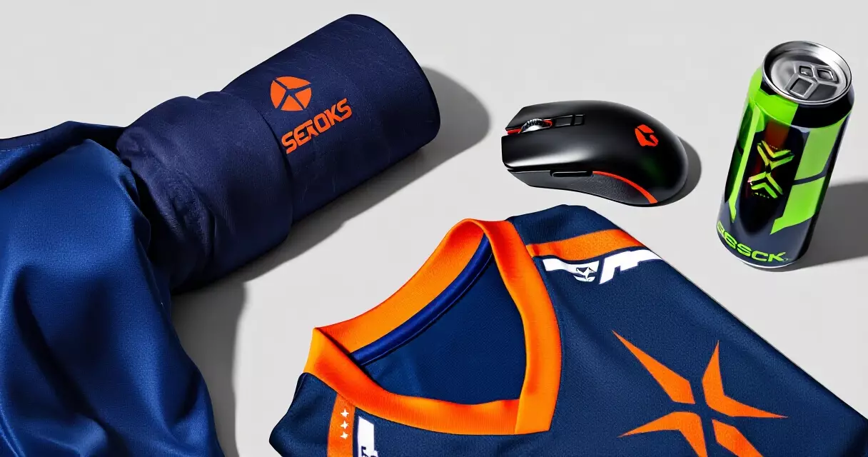 Esports branded merchandise including team jersey, gaming mouse, and energy drink