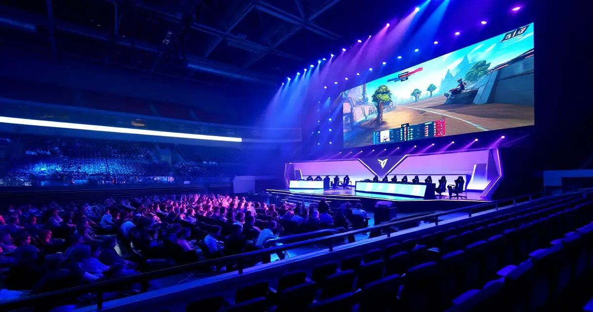 Large esports arena interior with packed crowd and LED stage lighting during a major championship event