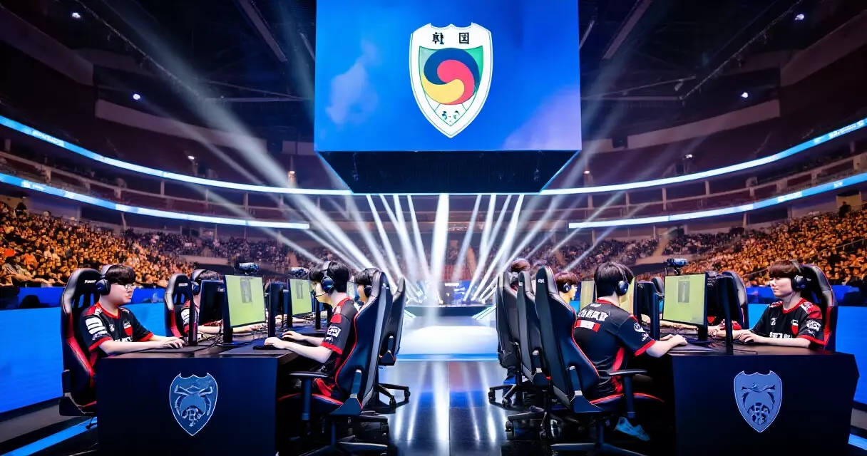 Esports players competing at Overwatch World Cup 2026 on a lit arena stage in Busan, South Korea