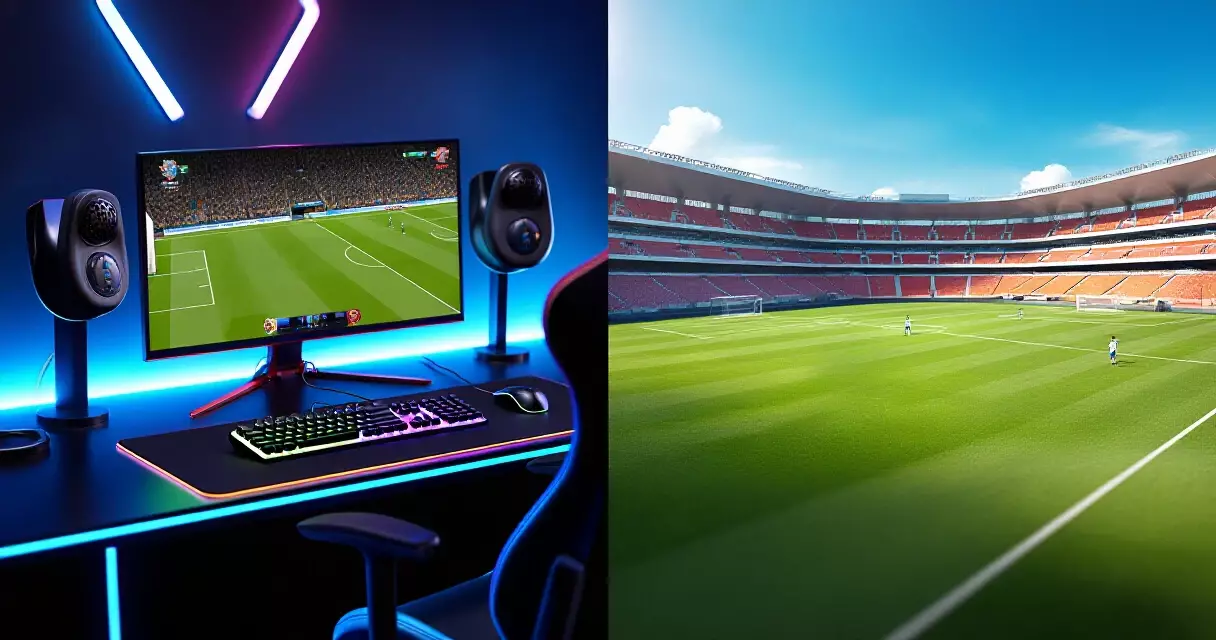 Gaming setup alongside traditional sports arena symbolizing esports industry growth