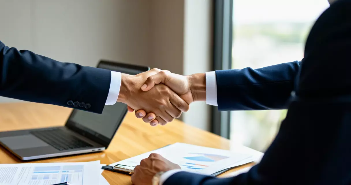 Two people shaking hands over documents at a conference table after a sponsorship negotiation
