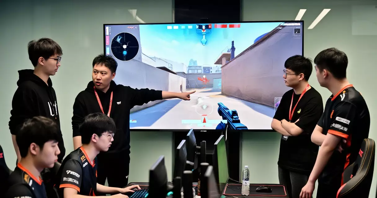 Esports team in a structured Valorant coaching session analyzing map strategy with a professional coach