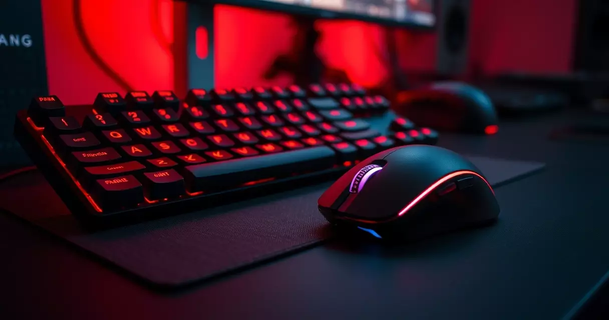 Glowing mechanical gaming keyboard and mouse on a competitive practice desk