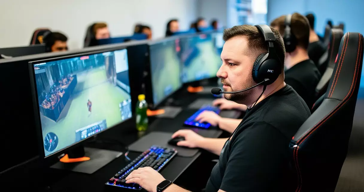 Esports coach analyzing game replay footage on multiple screens in a professional gaming facility