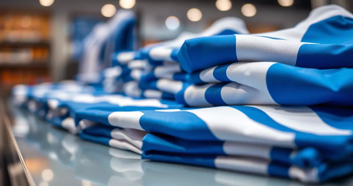 Folded blue and white esports jerseys on a retail display