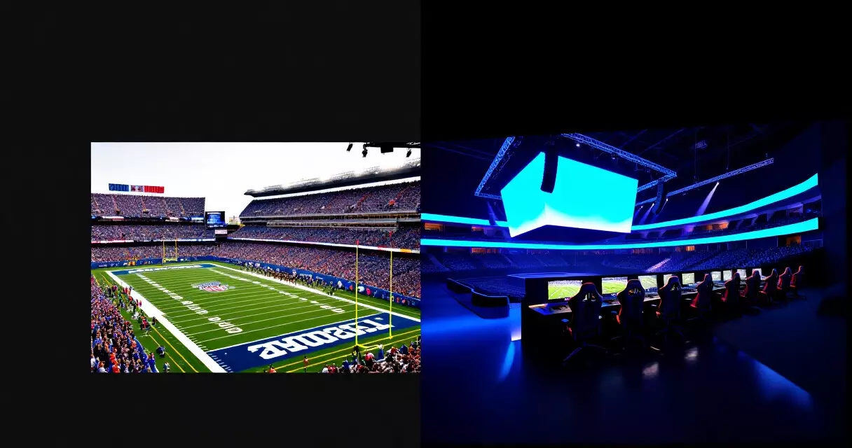 NFL stadium and esports arena side by side showing scale of traditional vs esports sports venues