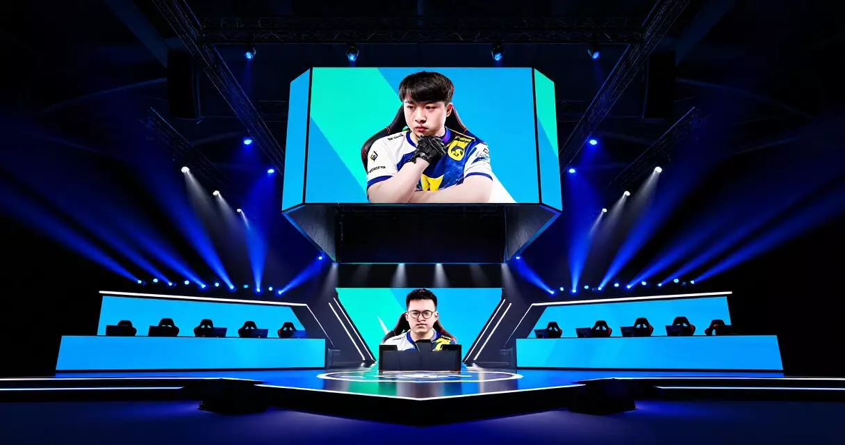 Esports arena stage lit in blue before a competitive tournament match
