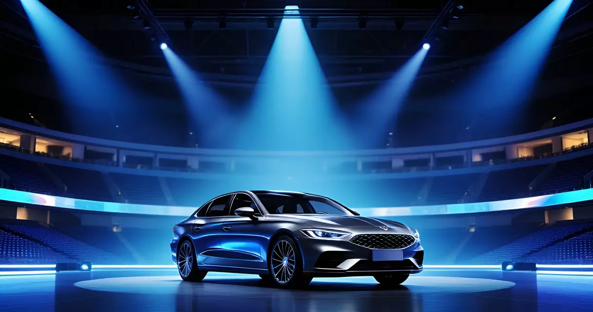 Luxury car displayed inside an esports arena under stage lighting