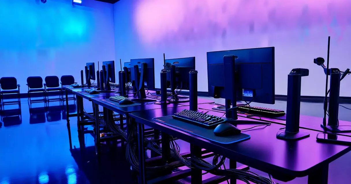 Professional esports tournament station setup with wired keyboards and monitors at a LAN venue