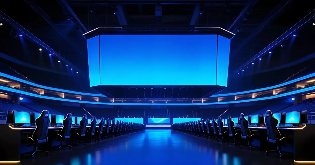 Esports arena stage with scoreboard and gaming stations under blue light
