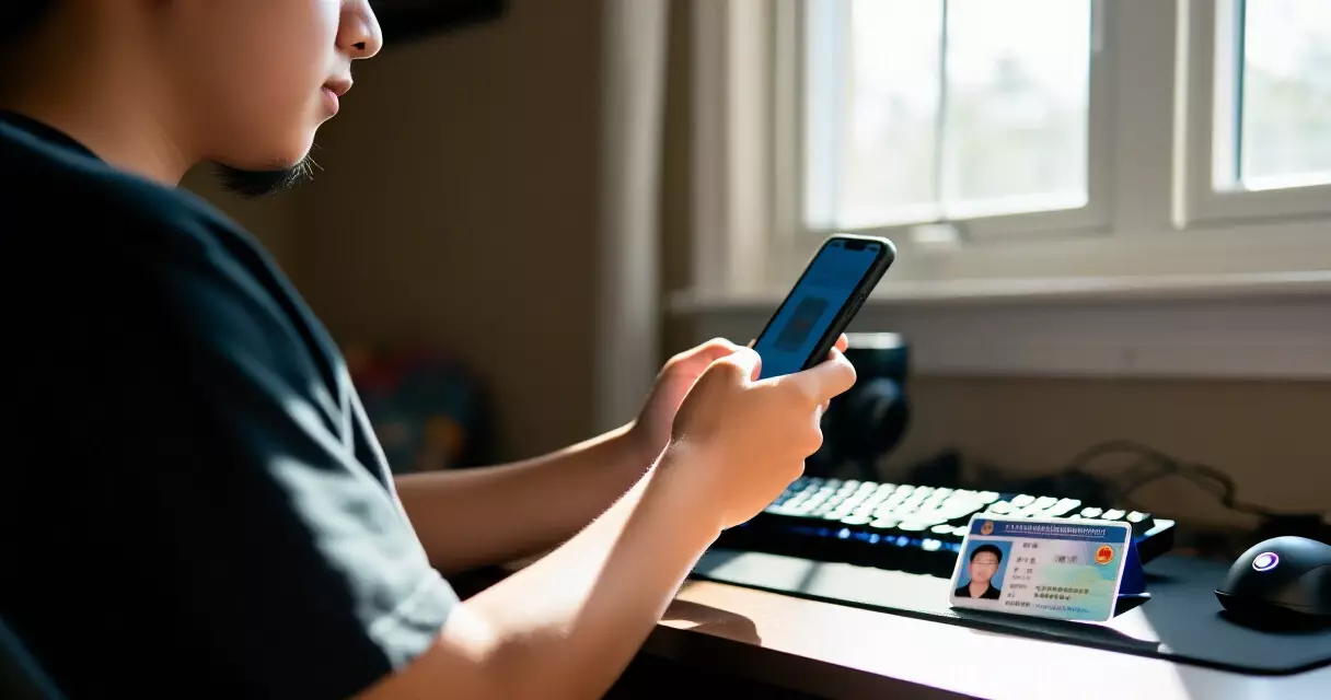 Player holding smartphone for selfie identity verification at a gaming desk