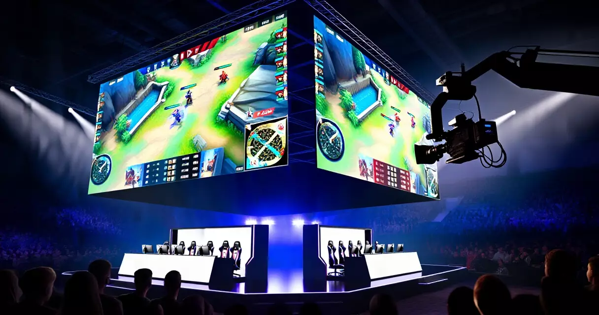 Esports tournament main stage with LED screens, player booths, and broadcast camera on a jib arm