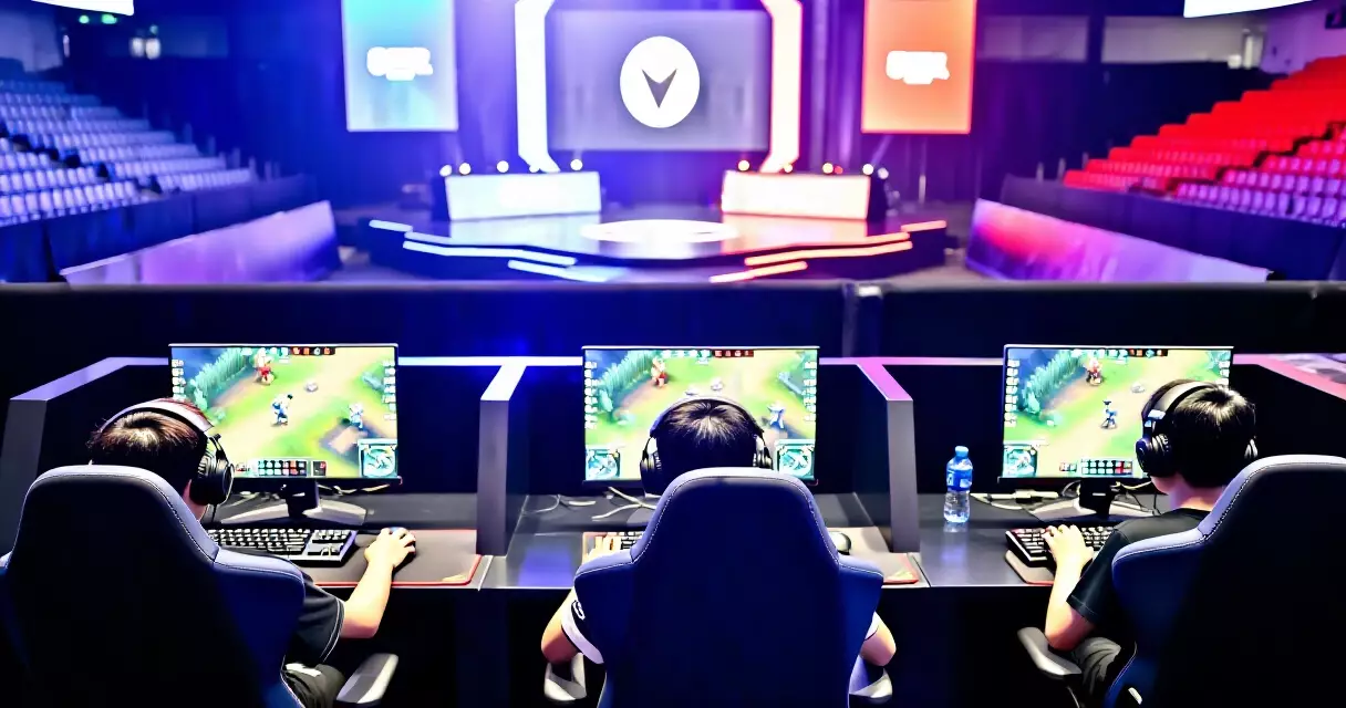 Professional esports team at their stations during a competitive tournament match