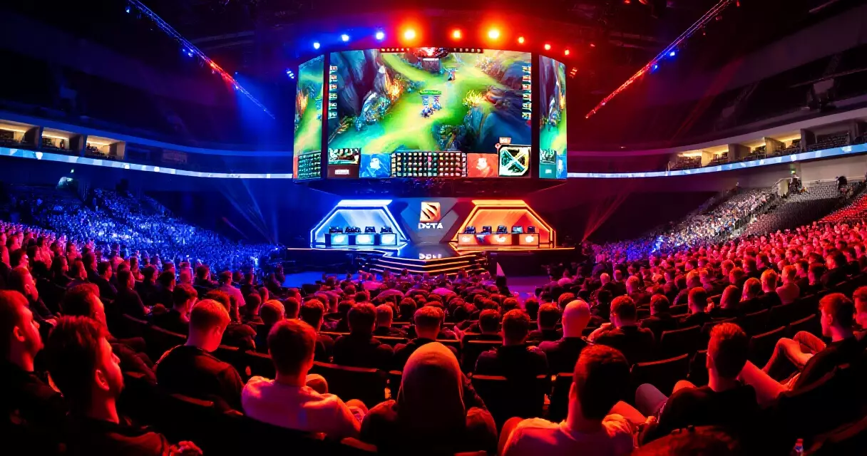Packed esports arena crowd watching Dota 2 The International 2026 group stage in Shanghai