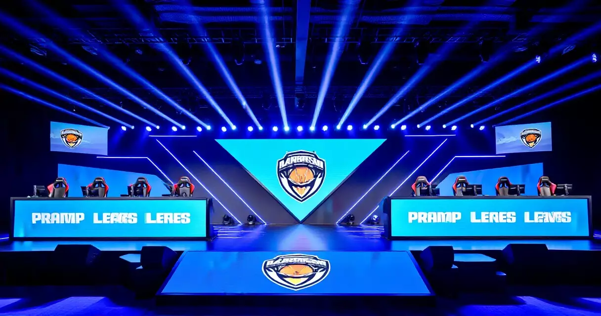 Esports arena stage with branded LED panels and sponsor signage