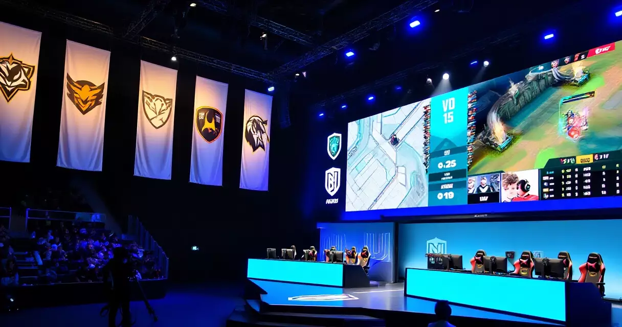 Esports arena stage with player statistics displayed during a professional tournament