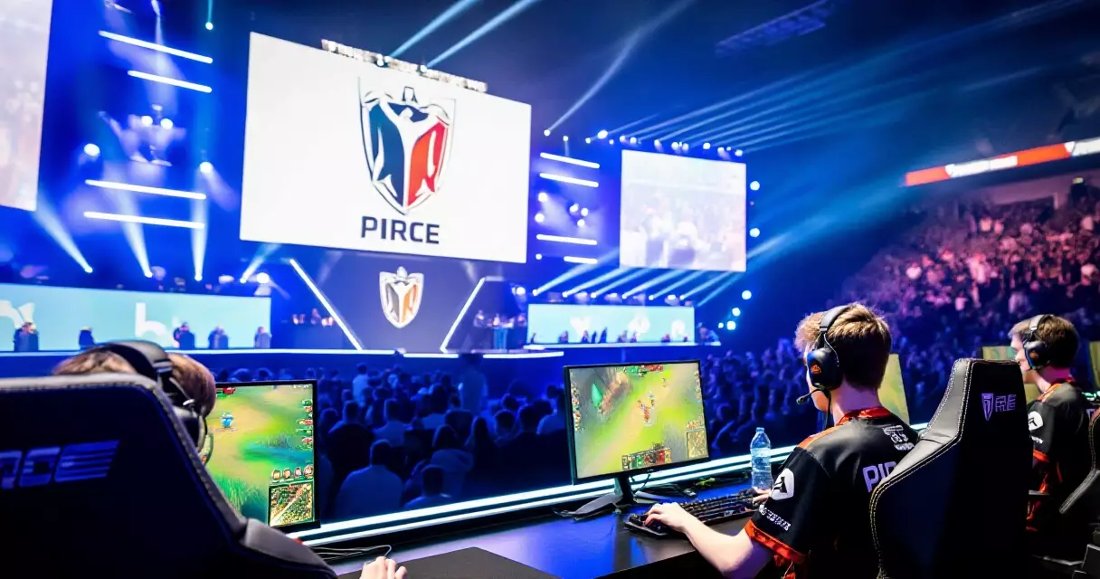 Pro esports players competing on stage at a major esports tournament arena