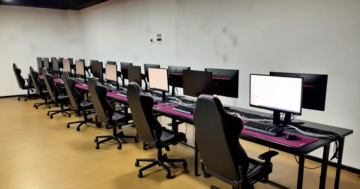Rows of gaming stations inside a training-style esports facility