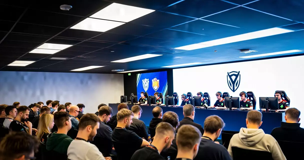 Esports press conference with journalists and professional gaming team on stage
