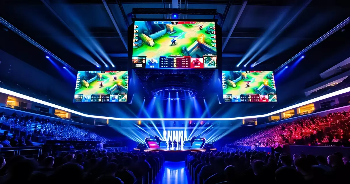 Packed esports arena interior with giant LED screens showing a live competitive gaming match