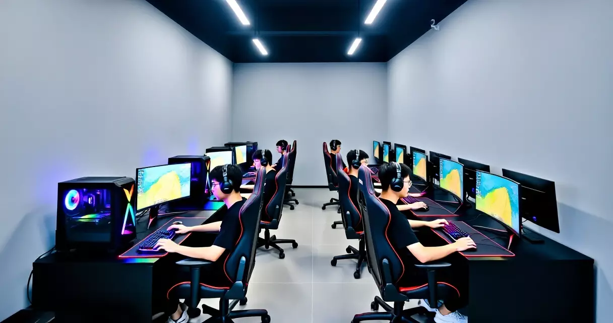 Professional esports team practicing together at computers during a training boot camp session