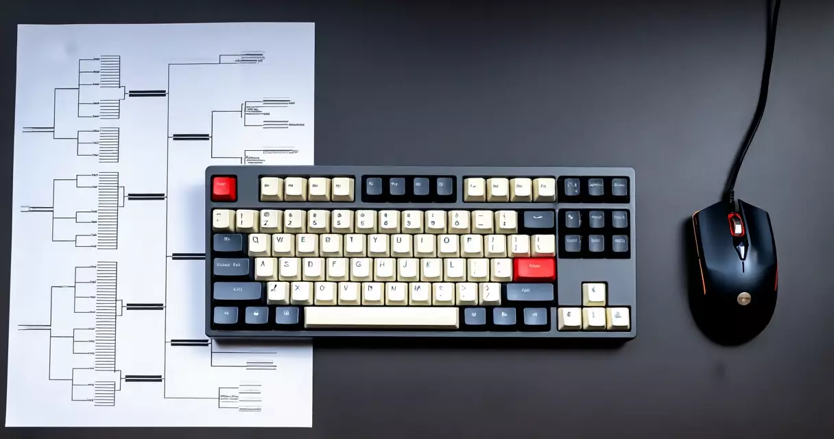 Gaming keyboard and mouse beside a printed esports tournament bracket on a desk