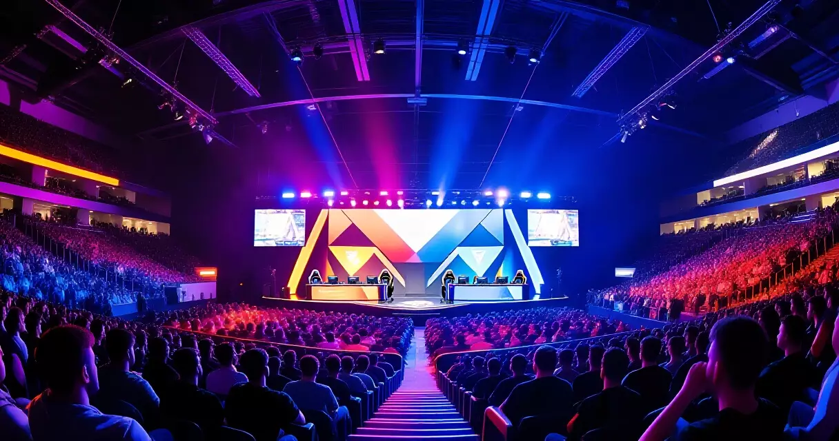 Packed esports arena interior with LED stage and audience at a live ESL event