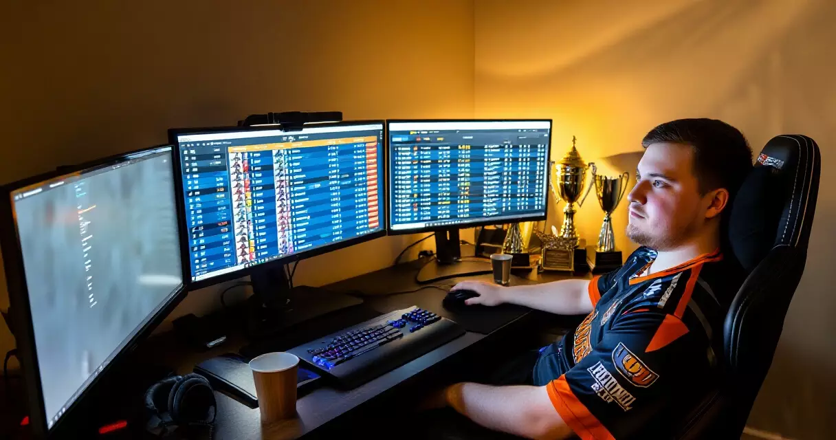 Aspiring esports player at a competitive gaming setup with team jersey and trophies