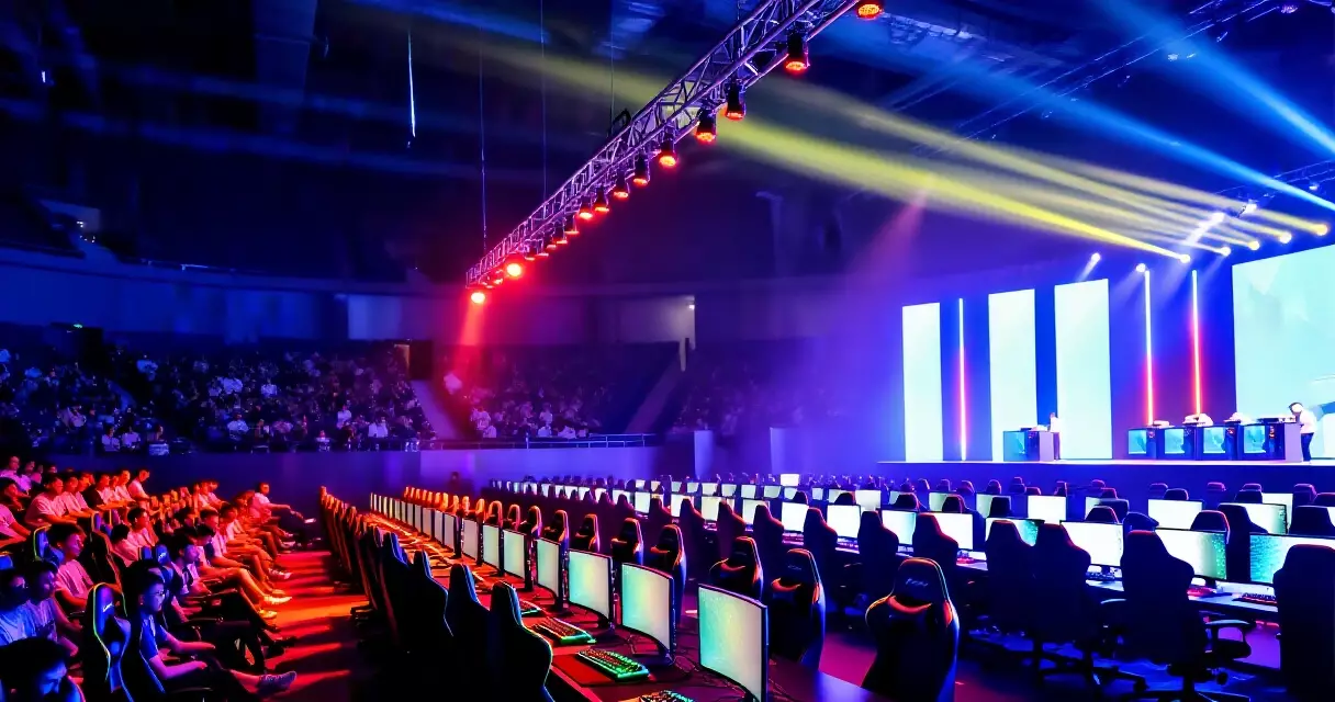 Esports arena stage with colourful lighting and competitive gaming setups